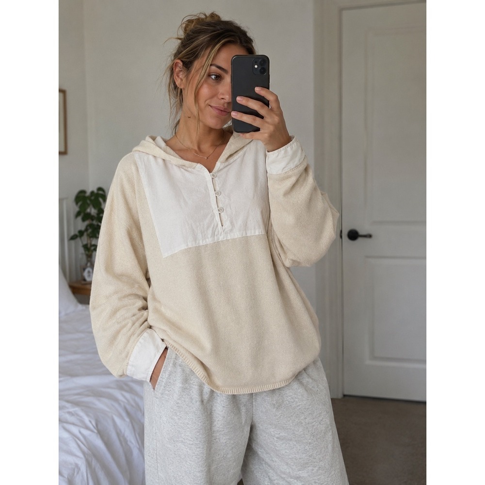 Soft Surroundings neutral knit hoodie Large sweater sweatshirt tunic wool beige